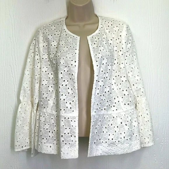 Zara - Embroidered White Open Front Ruffle With Bell Sleeves Jacket Size Medium - Picture 2 of 14